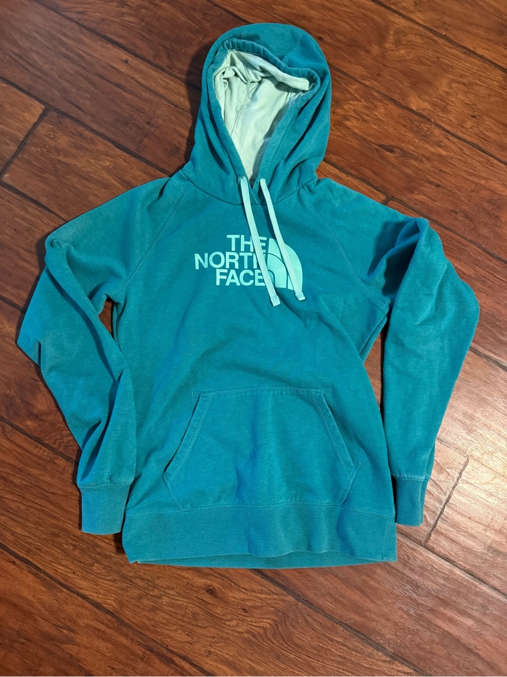 The North Face Teal Hoodie with Light Seafoam Logo and Lining